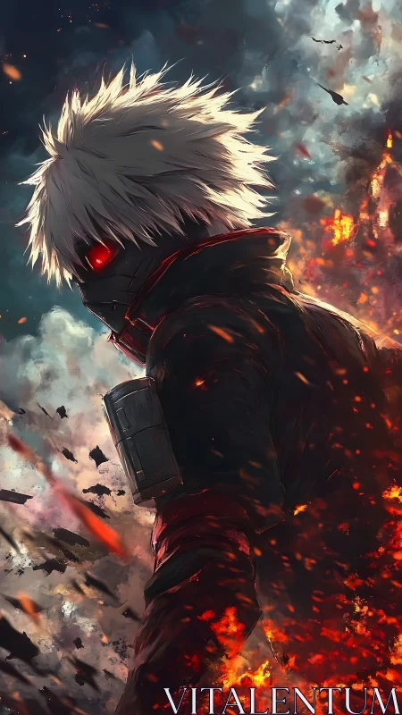 Masked white-haired warrior emerges through eruptive embers