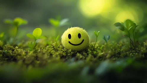 Smiling Tennis Ball in Lush Green Nature, Whimsical Style.
