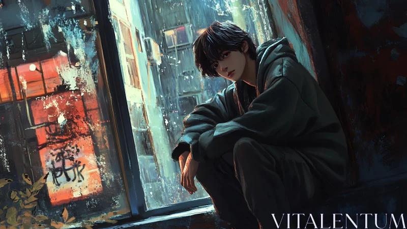 Young person seated by worn urban window at dusk.