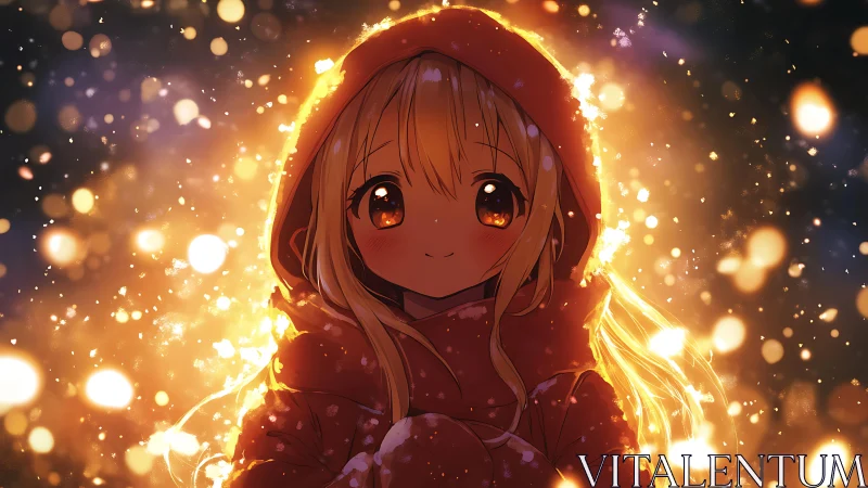 Warm-eyed anime girl glows softly amid winter snowfall