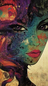 Vivid abstract female portrait with intense expressive gaze.