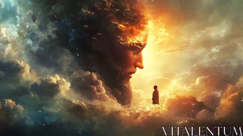 Colossal celestial face contemplates lone figure in clouds.