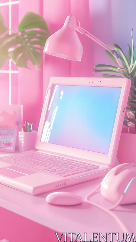 Candy-pink laptop sanctuary under soft neon daydream glow.