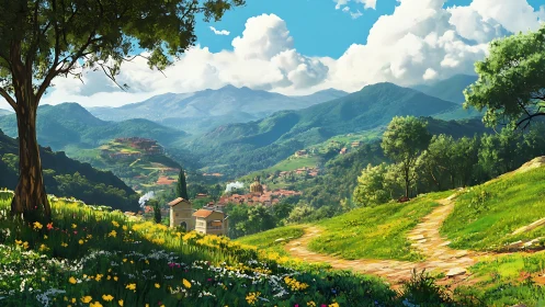 Sunny hillside path above colorful village in green valley.