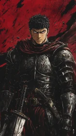 Armored anime warrior stands defiant in a storm of blood