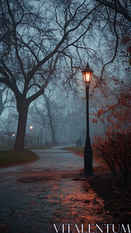 Gentle lamplight guiding a quiet walk through misty dusk.