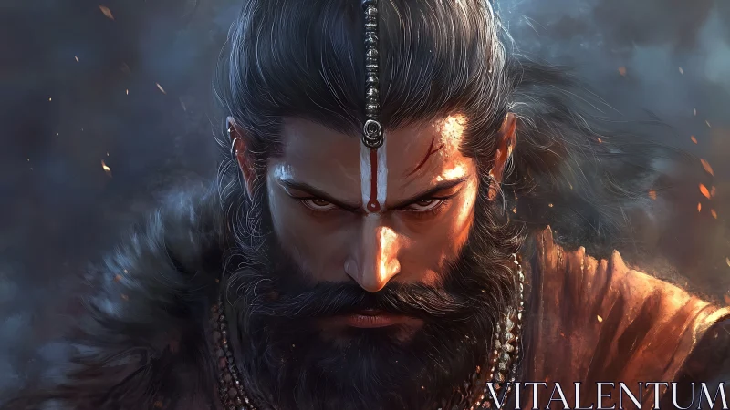 Intense ascetic warrior portrait with dynamic rim lighting and smoke