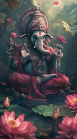 Intricate digital rendering of seated Ganesha amid lotus pond