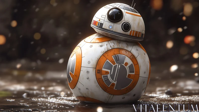 Spherical orange-white droid rests on wet reflective ground