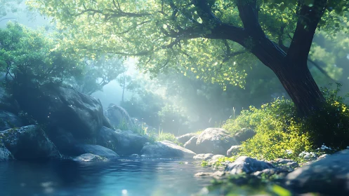 Sunlit riparian woodland rendered in high-detail digital painting