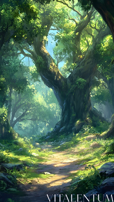 Sunlit Path Through an Ancient Forest Grove