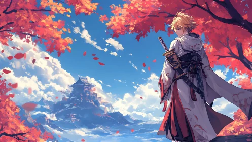 Samurai wanderer beneath crimson maples and distant temple.