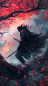 Armored swordsman stands under red trees in misty forest