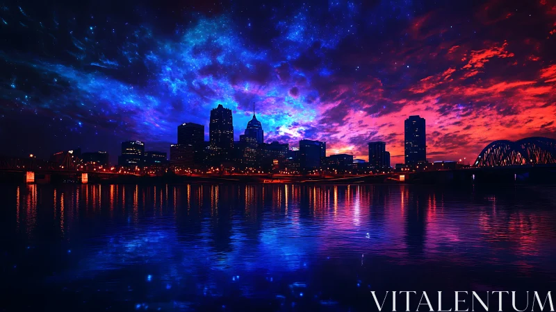Dreamy city skyline under a vibrant cosmic sunset sky.