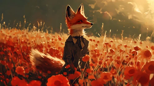 Anthropomorphic fox stands in dense red poppy field at sunset