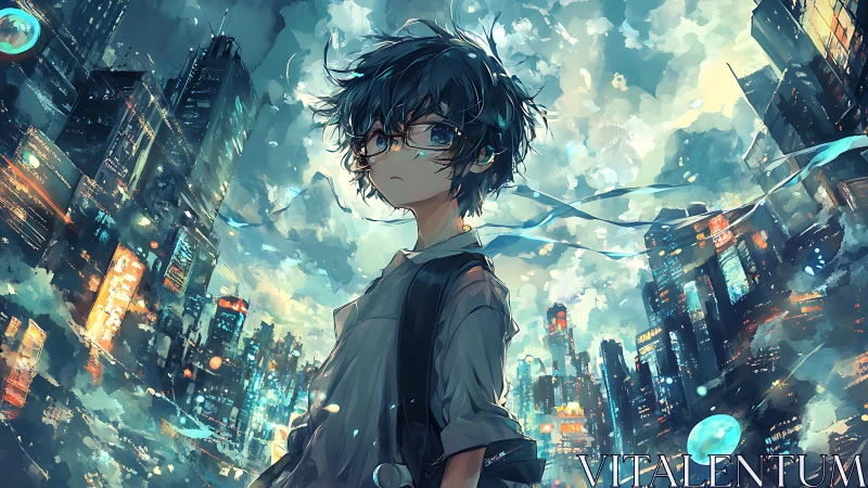 Solitary anime boy stands in luminous cyberpunk cityscape.
