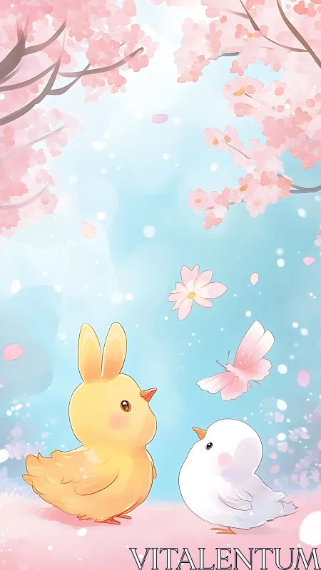 Pastel chick and bird under blooming cherry blossoms in spring