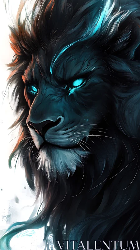 Lion portrait shows glowing cyan eyes and stylized dark mane