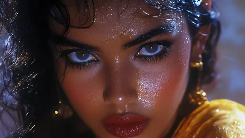 Intense wet-look portrait glows with electric cinematic light