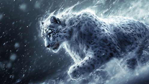 Snow Leopard Descending Mountain in Blizzard