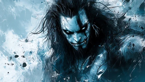 Feral frost-demon lunges from a storm of shattered ink and ice