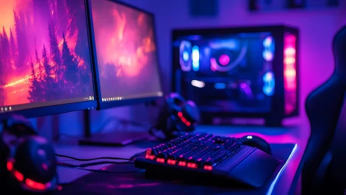 Neon gaming command center glowing in cyberdream colors.