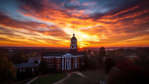 Neoclassical campus hall silhouetted against a saturated sunrise sky