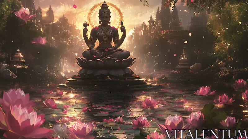 Lotus-seated deity statue amid reflective water garden.