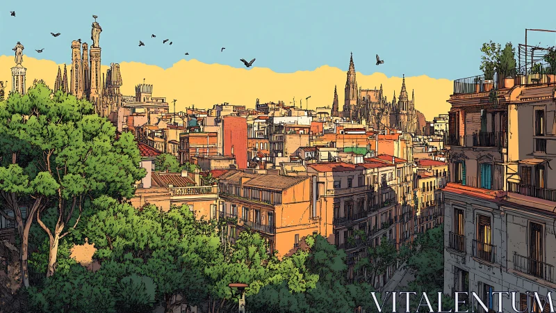 Sunlit Barcelona skyline rendered in bold comic lines.