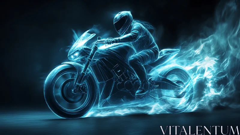 Neon ghost rider on blazing futuristic sport motorcycle.