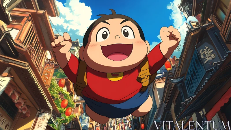 Anime street adventure with dynamic low-angle character focus.