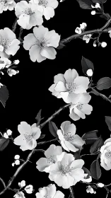 Monochrome floral composition with flowering branches against black background.
