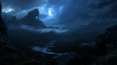 Nocturnal alien mountainscape with celestial vortex sky design.