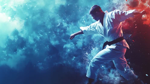 Martial artist executes dynamic kick through colored smoke