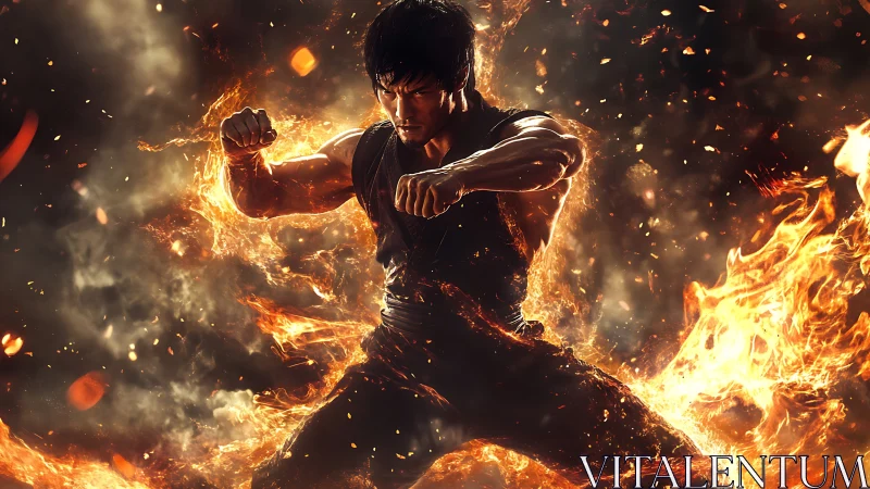 Martial artist unleashes fiery power in a blazing battlefield