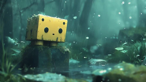 Rain-dreaming cube robot lingers in a mossy forest hush.