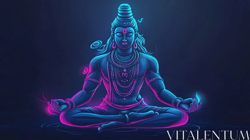 Neon blue and pink meditative deity in seated lotus pose.