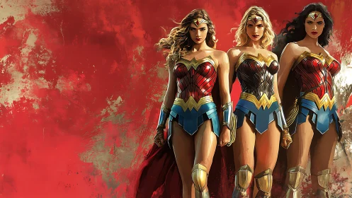 Three Dynamic Wonder Woman Characters in Bold Comic Art Style.