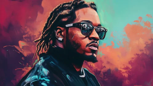 Portrait of cool man with sunglasses against neon sky