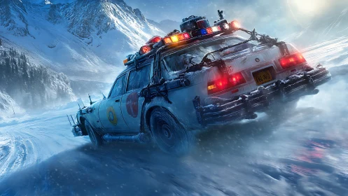 Retro tech car drifts through icy mountain snowstorm.