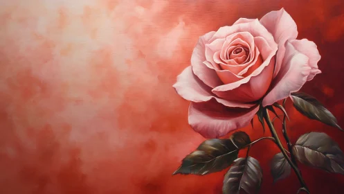 Soft pink rose blooms against a warm red painterly haze.