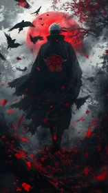 Cloaked figure walks toward red eclipsed moon in forest