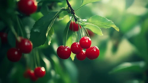 Ripe red cherries glow softly against lush summer foliage