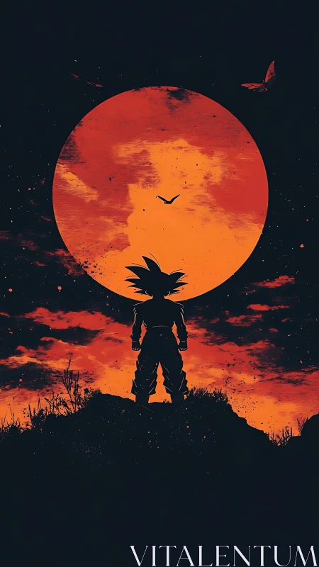 Silhouetted warrior stands before huge red sun at dusk