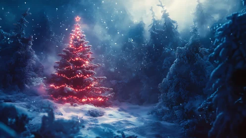 Illuminated Christmas fir contrasts against nocturnal snow forest