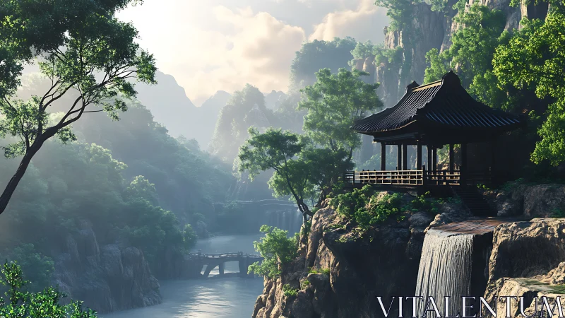 Mountain pavilion leans into mist as waterfalls whisper below
