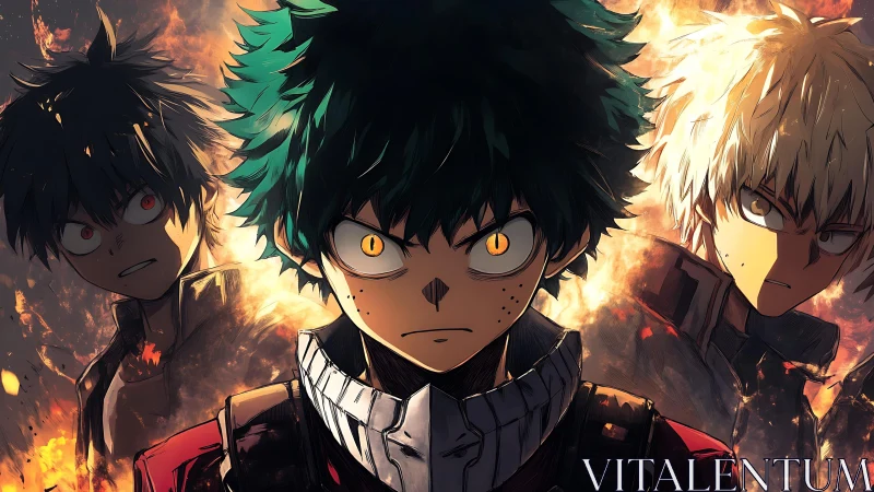 Triadic anime protagonists framed by dynamic backlit flame effects