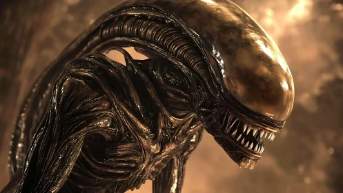 Rendered biomechanical creature displays elongated domed head