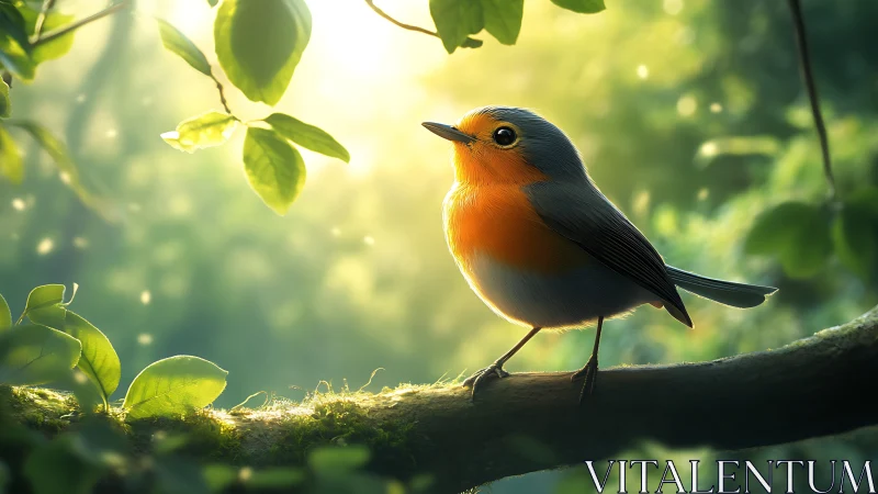 European robin perched on branch in sunlit forest, digital art.