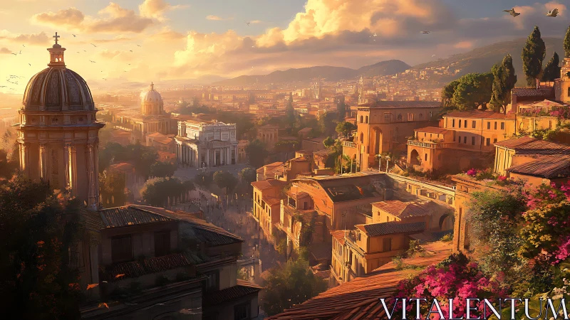 Sunlit classical cityscape with domes and terraced villas.